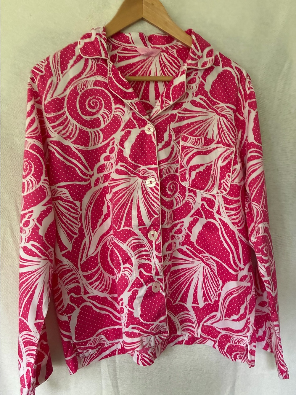 Lilly Pulitzer Pink White Shell Print Lace By The Docks 2 Piece Pajama Set Sz S
